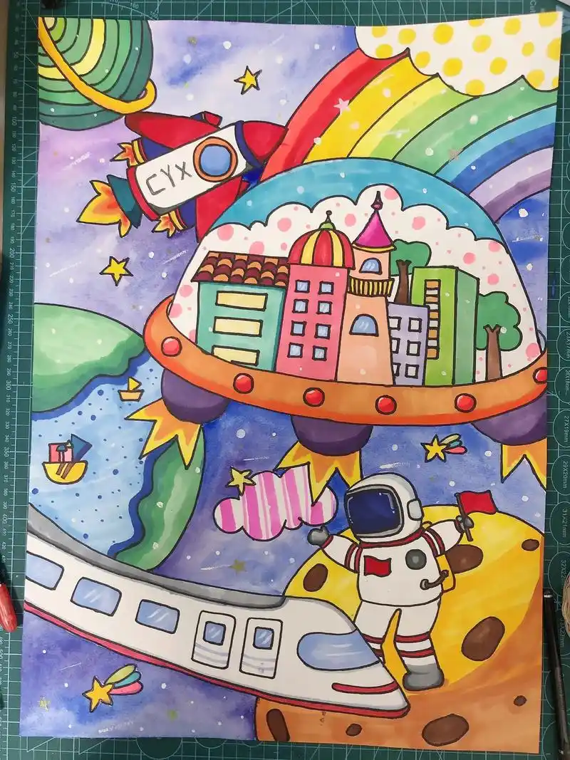 闺女美术社团作业#身边的科技#科幻画作品4开纸 #科学幻想画 - 抖音