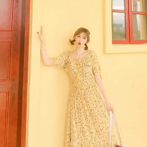 殊慧碎花连衣裙2020年夏新中长款高腰a字田园活力麦穗仙女日韩版