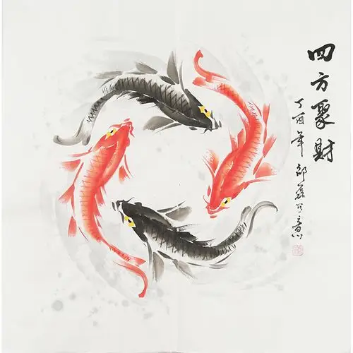 国画斗方鱼 四方聚财 客厅装饰画 手绘国画风水鱼 邵磊画0010