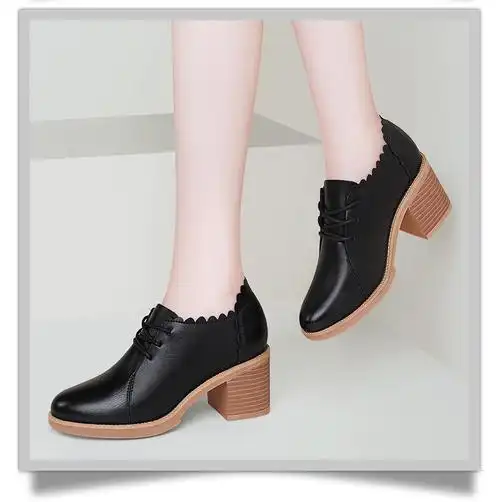 单鞋女2019春秋新款粗跟皮鞋女韩版黑色高跟鞋女休闲鞋百搭防水台女鞋