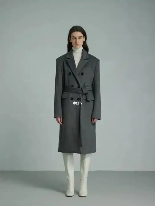 openroles立领拼色正肩毛呢灰大衣