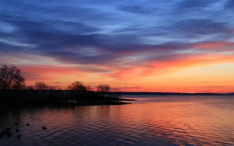 风景傍晚,湖泊,树木,美丽的景观 壁纸