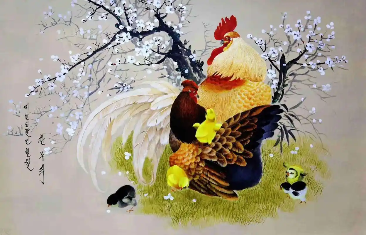 工笔花鸟画:象征夫妻和睦的公鸡母鸡图,请欣赏