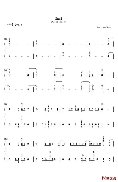 sad钢琴简谱-数字双手-xxxtentacion