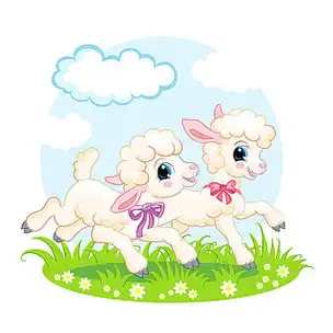 可爱的卡通人物两只小羊在花草甸上奔跑.矢量孤立的插图.