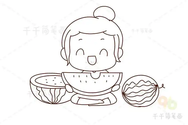 我和夏天有个约会简笔画大口吃西瓜