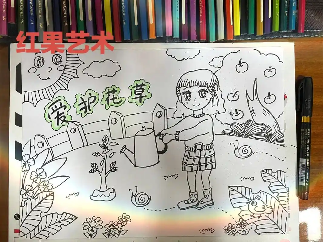 "爱护花草"主题儿童绘画模版 老规矩宝贝们自己配色哦