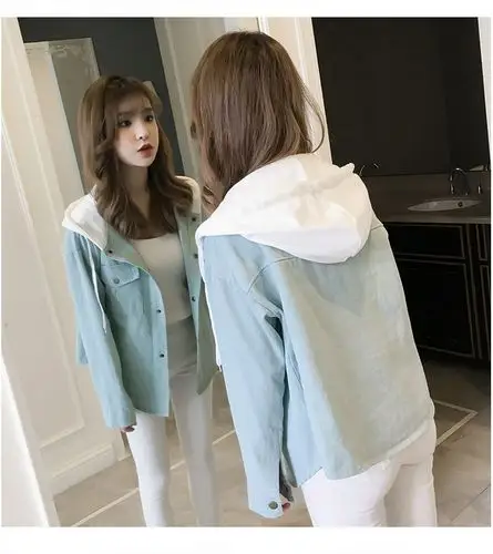 衣服女春秋装初中高中学生韩版少女生短款连帽牛仔外套 粉色短装外套