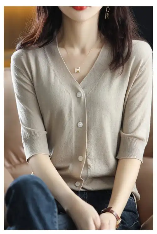 2022新款夏季羊毛针织开衫女短袖外套v领打底衫宽松上衣外搭薄款白色s