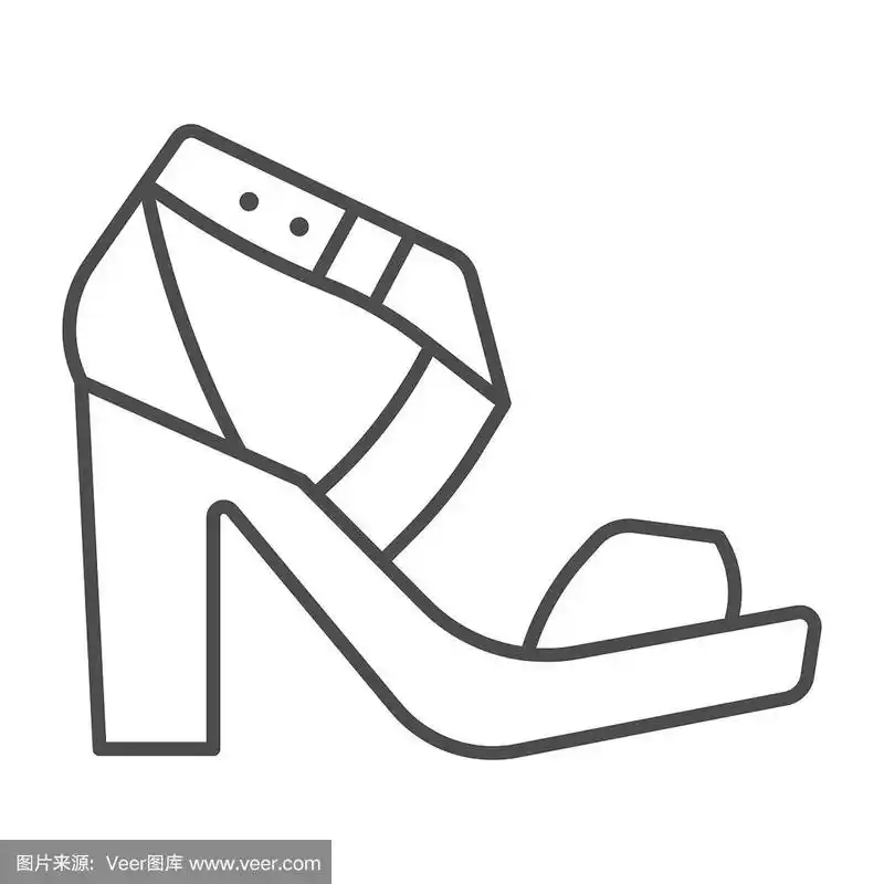 高跟鞋凉鞋细线图标,休闲鞋概念,女人的鞋标志在白色的背景,女人高跟