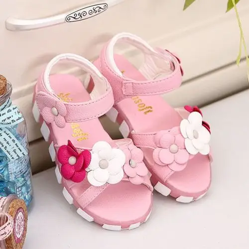 童鞋女童凉鞋夏季2018宝宝儿童韩版平底花朵小女孩公主鞋 粉红色 29