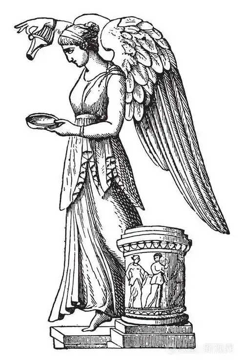 在希腊神话中,她被认为是众神的斟酒者,古董线画或雕刻插图.
