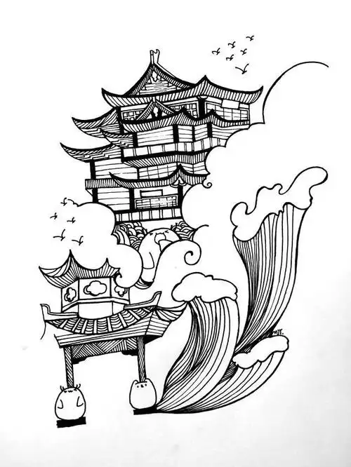 中国风建筑简笔画过程解析,新手也能画的很好看