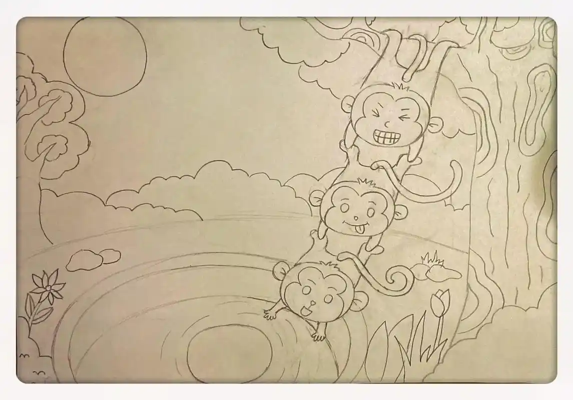 主题儿童画《猴子捞月》#2222一起学画画 #想画就画 #猴子捞 - 抖