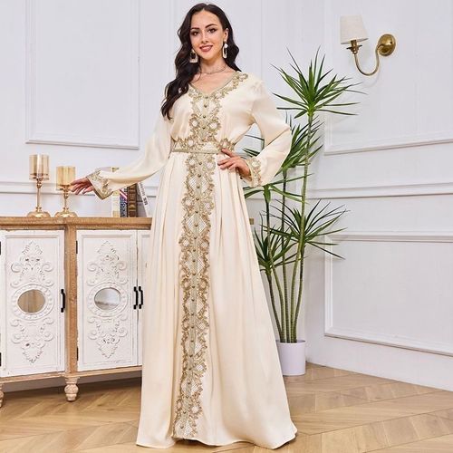 马来西亚服饰v领气质连衣裙到脚踝阿拉伯刺绣长袍轻奢宽松超长裙