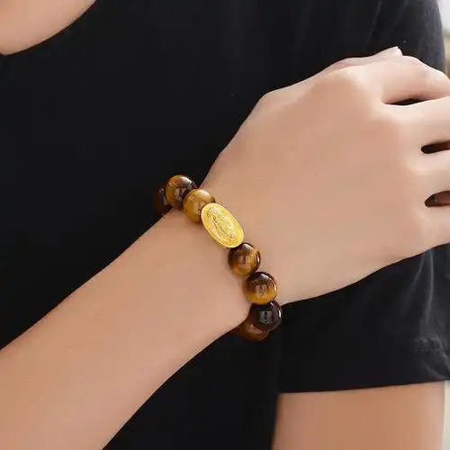 中国黄金元宝招财貔貅黄金手链男士款足金转运珠黄虎眼石路路通手串 h