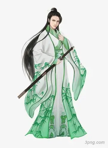 绿色衣袍手持宝剑古风人物png素材透明免抠图片-卡通手绘