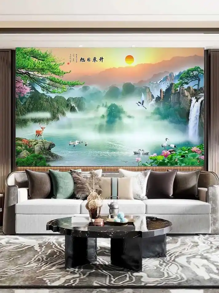 流水生财贴画墙贴中式山水画墙纸自粘客厅沙.
