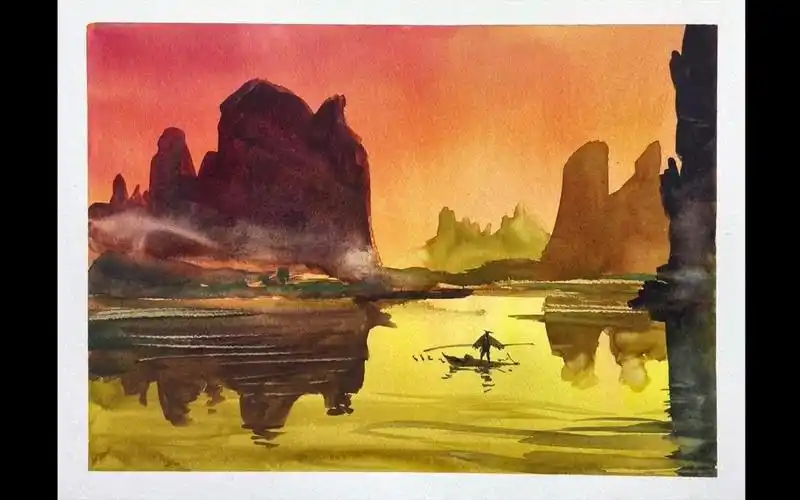 水彩水彩画演示桂林山水风景