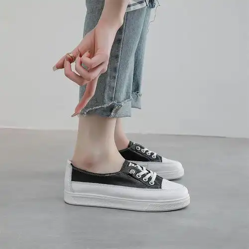浅口小白鞋女夏季2024新款休闲平底女鞋透气孔一脚蹬轻便板鞋