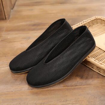 鸿秉老北京布鞋男款圆口中老年老头鞋休闲鞋 透气男士黑布鞋 圆口网面