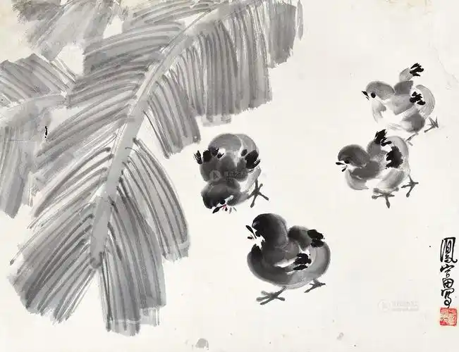 0015 小鸡食米 镜心 纸本