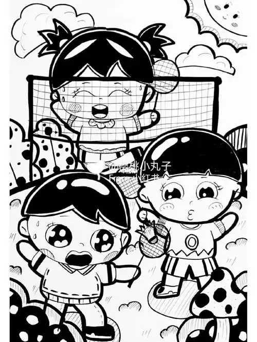 打羽毛球儿童黑白画