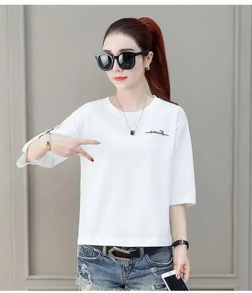 韩版宽松半袖打底体恤衫洋气小衫上衣女 蓝色(不) m【图片 价格 品牌