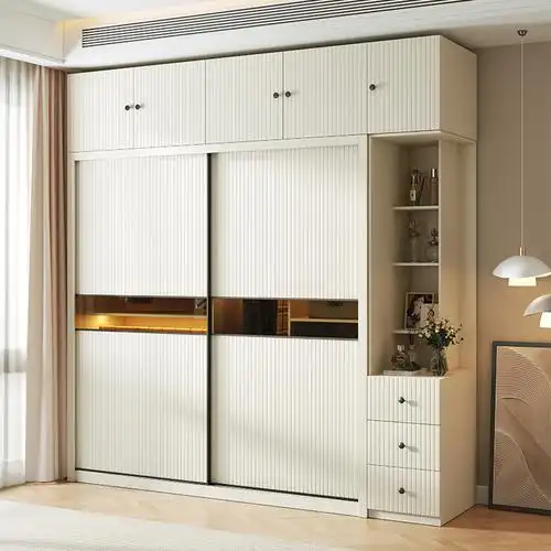 奶油白推拉门衣柜卧室家用北欧柜子实木颗粒板移门滑门衣橱小户型