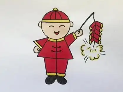 春节快到了,快和孩子一起画放鞭炮的小男孩吧!