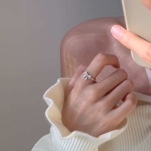 为晚闪钻蝴蝶结食指戒指女生纯银气质甜美森系戒指