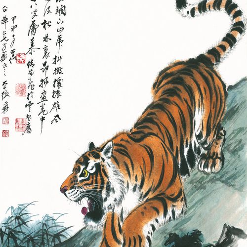 张大千下山虎画老虎图名家字画装饰画办公室客厅高清老虎画镇宅