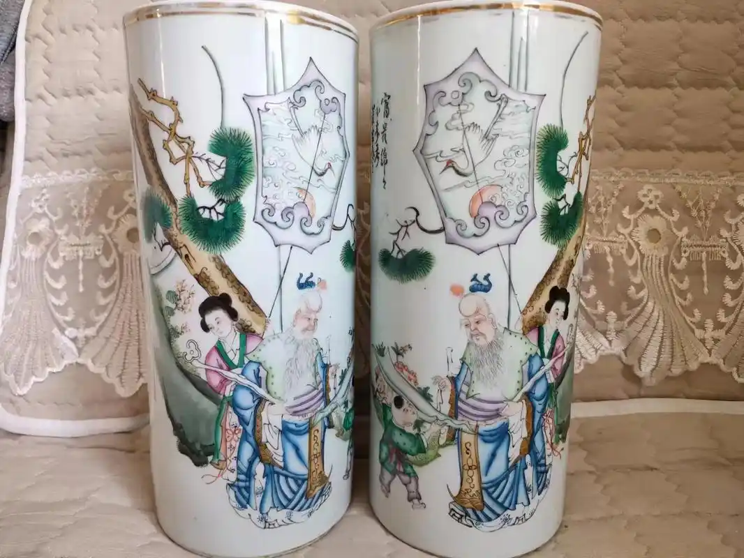 民国罗宿氏粉彩帽桶一对,画工精美,全品保真.#瓷器 #帽筒  - 抖音