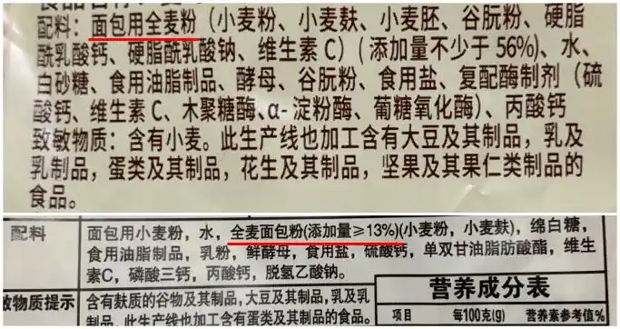用全麦粉,混淆视听的误导手段,让人乍一看以为全麦面粉含量高达56%