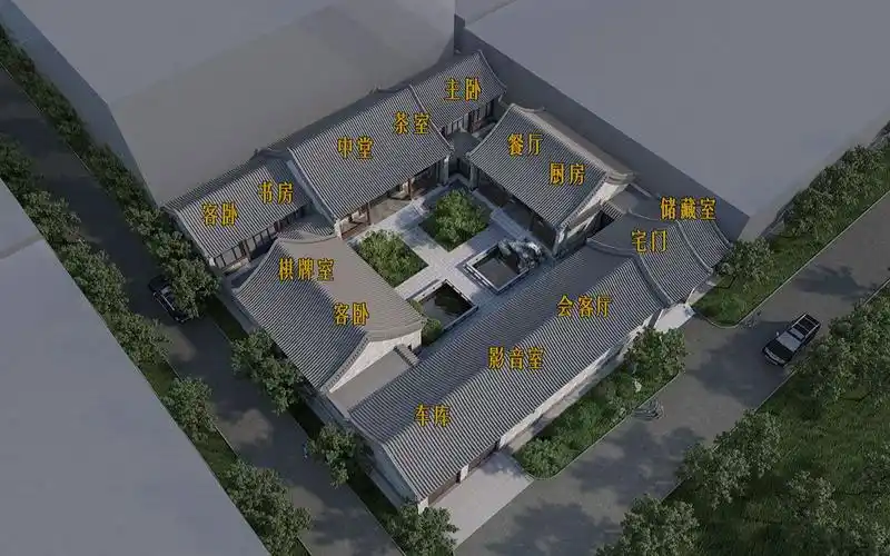 标准一进四合院布局,院中锦鲤悠游,有假山流水,富有志趣,中式建筑之美