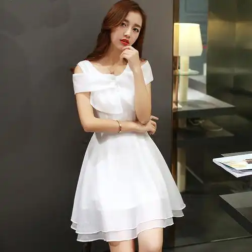 露肩连衣裙女夏季少女韩版一字领女装甜美蝴蝶结a字欧根纱中裙子