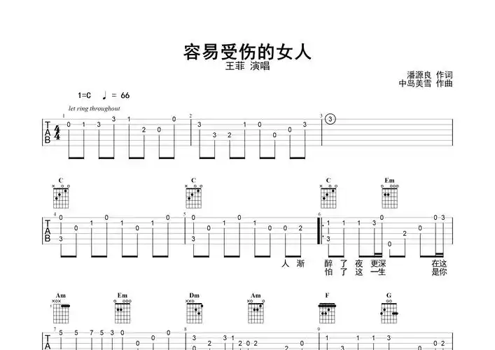 容易受伤的女人吉他谱(图片谱,指弹,独奏,改编版)_王菲(faye wong)