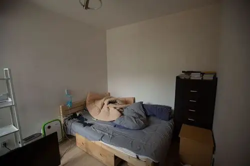 典型的单身汉卧室,房间的家居只有床收纳柜和一个床头柜,随便放置的