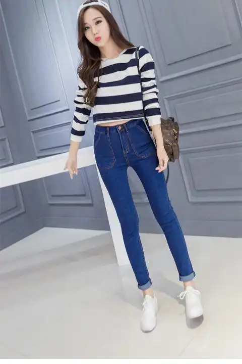 春季中学生深蓝色高腰弹力紧身韩版青少年显瘦九分小脚裤牛仔裤女