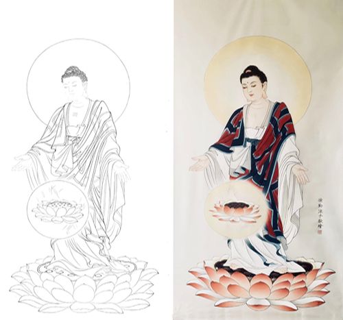 《普度众生》步骤讲解佛像工笔白描底稿墨云工笔阿弥陀佛像教程