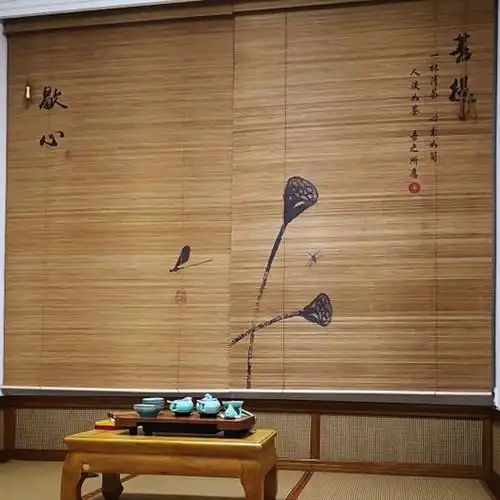 茶室竹帘竹编窗帘定制中式式禅意印花复古卷帘卷帘