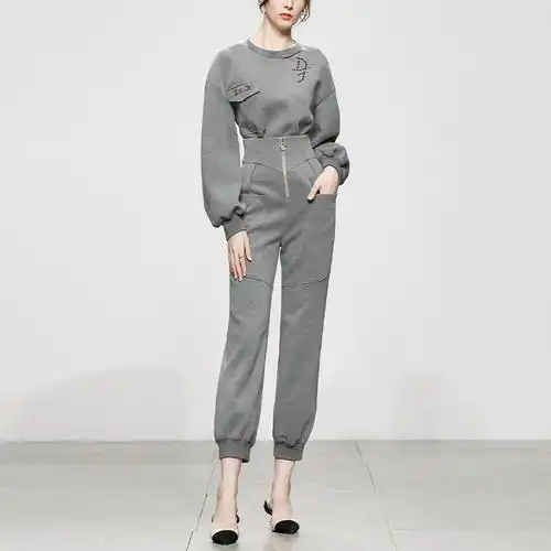 秋冬季2021新款女装时尚气质两件套灰色卫衣上衣束腿裤卫裤套装潮