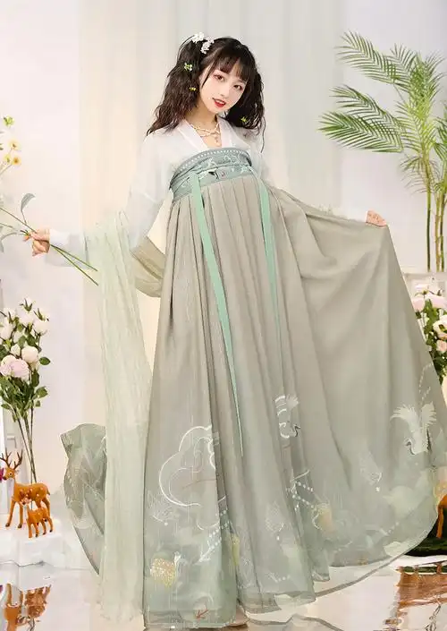 汉服女唐制对襟齐胸襦裙唐制女中国风印花春秋款青禾月浅绿色3米摆