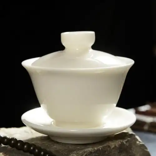 艺禧德化玉白瓷大号三才盖碗杯 茶杯功夫茶具纯白色泡茶碗套装_7折