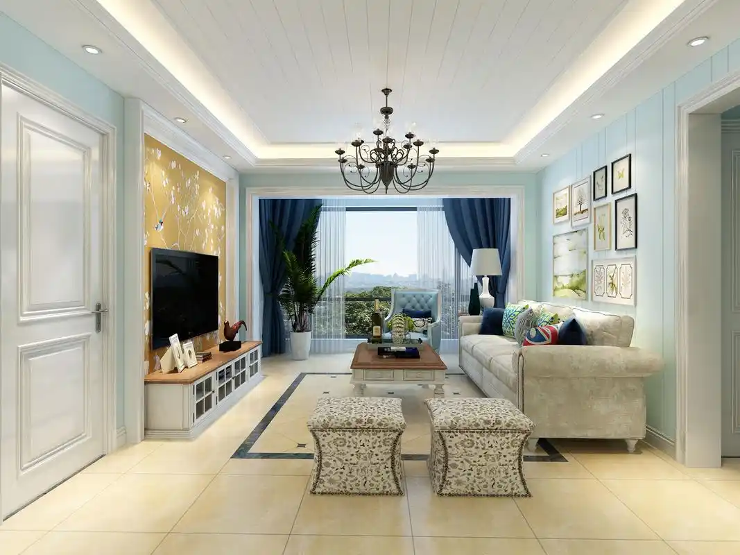 客厅中间吊顶采用石膏板凹槽的形式,既保留了高度也增加了层次感,客厅