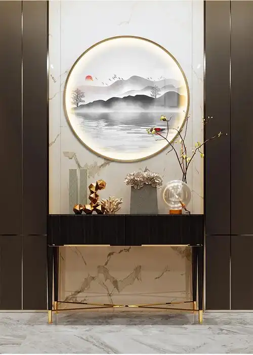 晶瓷装饰画新中式现代轻奢客厅进门背景墙圆形带灯山水画玄关轻奢自