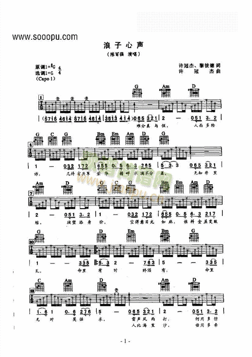 浪子心声 吉他类 流行简谱_浪子心声 吉他类 流行吉他谱曲谱_吉他谱