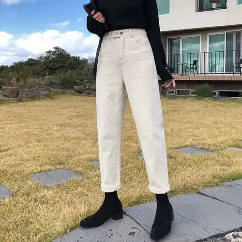 11am牛仔裤女2019秋冬5181高腰长裤腰部两粒扣米色纯棉哈伦裤型