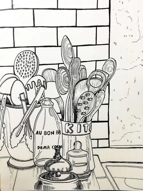 五年级美术网课之六 写美篇                    例: 厨房一角线描