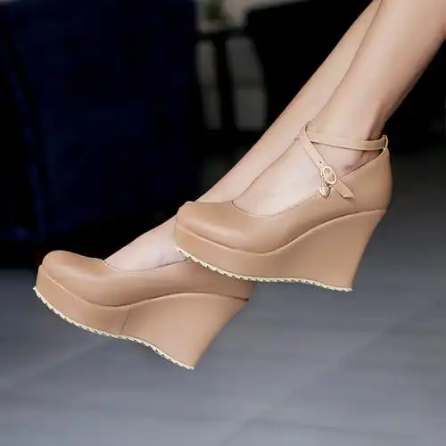 外贸跨境电商坡跟鞋浅口交叉绑带超高跟单鞋少女粉色米色女鞋子